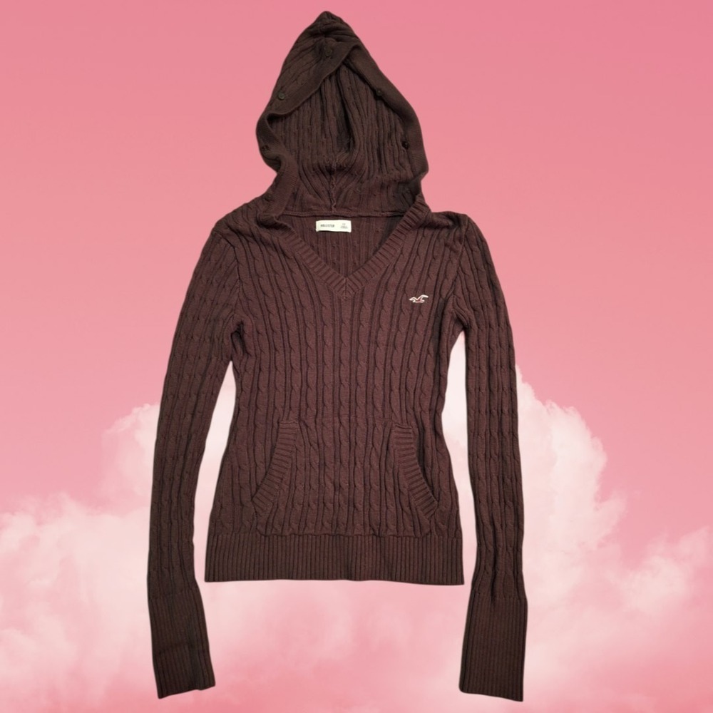 Hollister Brown Knit Hooded Sweater Size XS *No Fur Trim* Read EUC